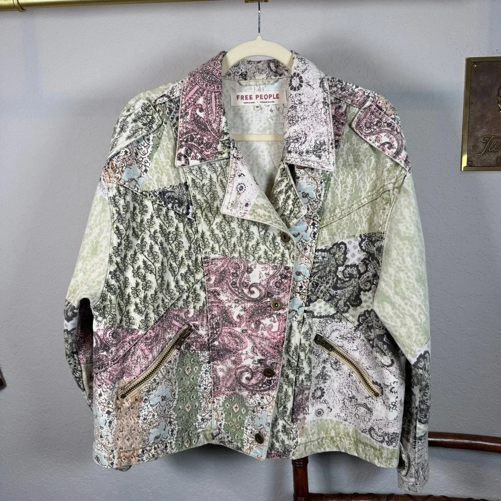 Free People Womens Patchwork Denim Jacket Paisley Floral Multi Color XS - Picture 10 of 11